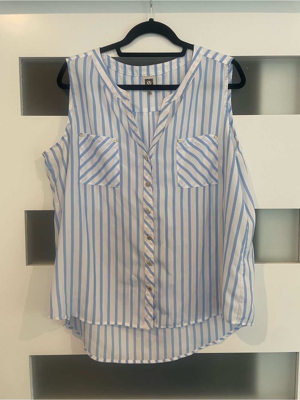 Anne Klein Blue and White Striped Sleeveless Button-Front Top